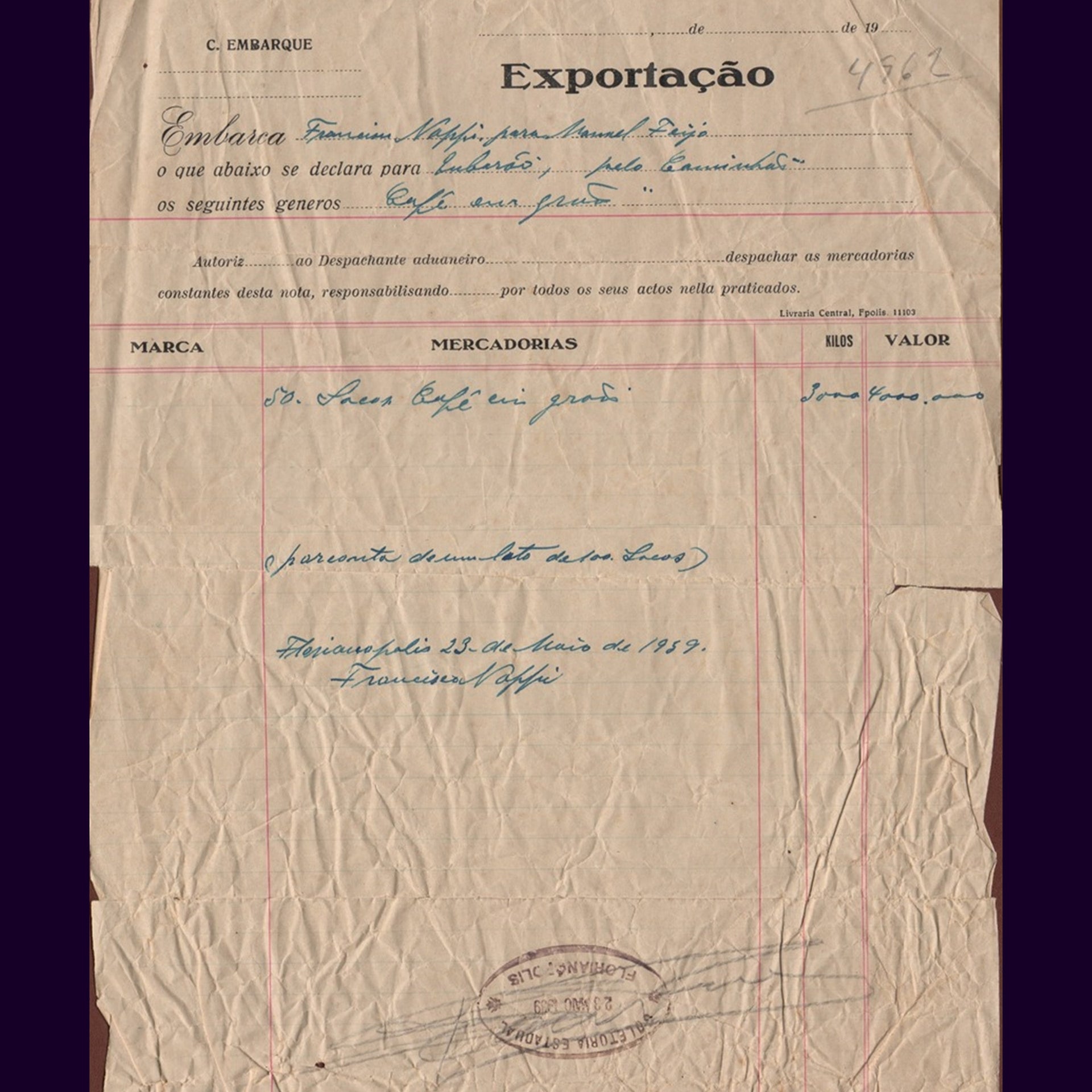 Documento antico di espoertazione di caffe della Famiglia Nappi in Brasile